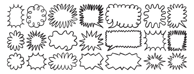 Fototapeta premium Colored doodle speech bubbles outline and bubble shapes, round, oval and rectangular speech bubbles with black stroke. Creative stars colorful.