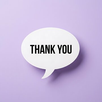 A simple white speech bubble with the words thank you on a light lavender background