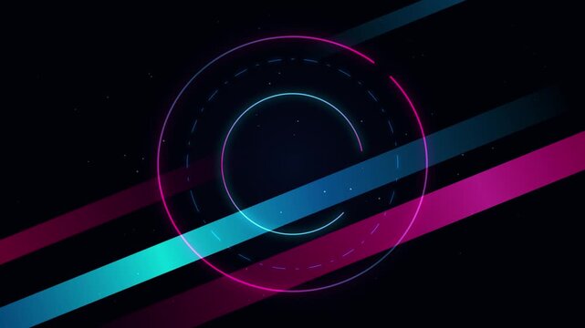 Abstract futuristic digital background with neon glowing circles and dynamic light stripes