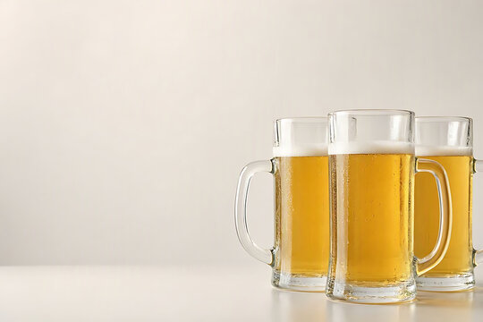 Refreshing chilled golden lager beer in three glass mugs with frothy white foam head on a clean white surface