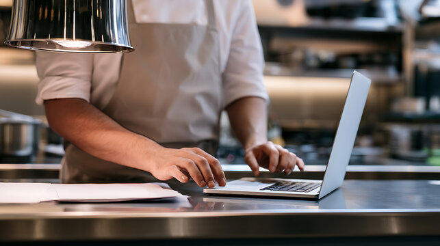 Professional chef operate computer laptop in commercial restaurant kitchen, manage business inventory, check online recipe, review menu plan