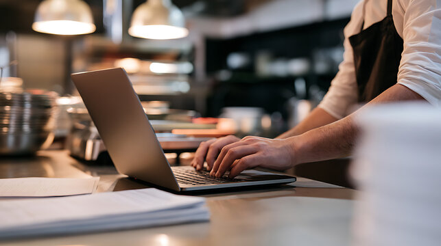Chef use laptop for restaurant business management in commercial kitchen interior with warm light, inventory check, menu plan and order