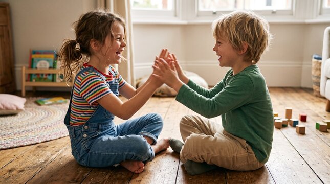 Joyful siblings playing patty cake game together on wooden floor in sunlit room