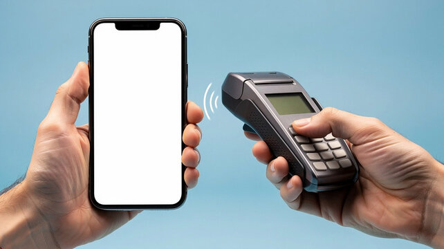 Close-up of a person making a contactless digital payment using a smartphone with a blank mockup screen next to a terminal reader device isolated on a plain blue background