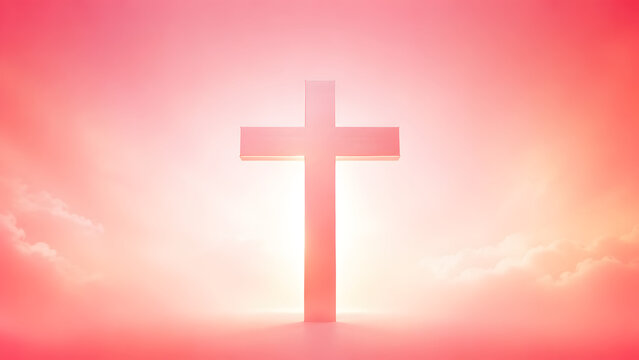 Christian cross symbol glowing in a bright pink and orange sky with soft clouds, spiritual and religious background