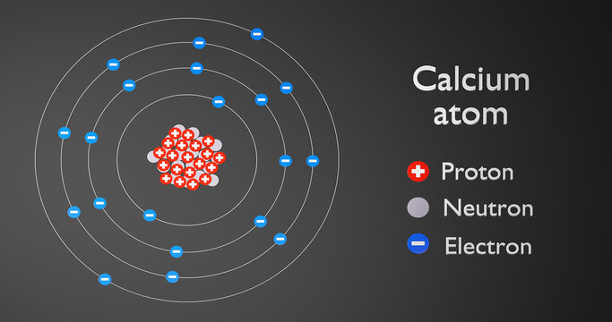 Physics concept. Atom of Calcium. 3d render illustration.