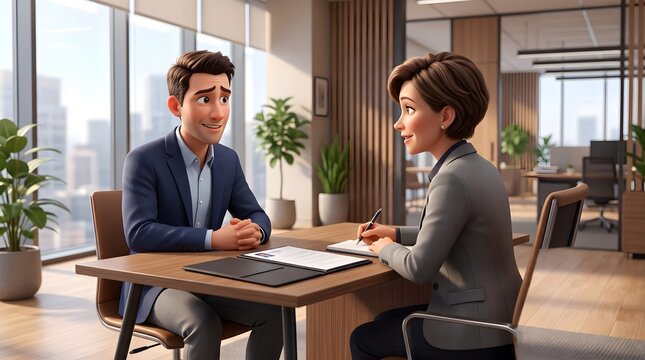 3D stylized male candidate attending corporate job interview with female recruiter in office