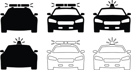 Front View Police Car Silhouette Collection with Emergency Lights and Bold Black White Vector Designs © Akhi