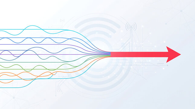 Abstract wave convergence illustration featuring digital signal processing and data transmission symbols for modern technology connectivity