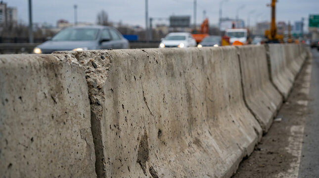 Concrete barriers separate lanes on a busy urban road with multiple cars and construction equipment in the background.