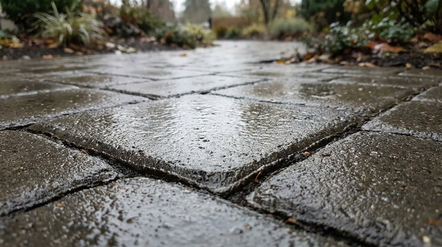 Wet stone pavement with rain droplets, surrounded by blurred greenery and fallen leaves in an outdoor garden or park setting.