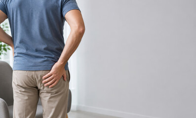 Obraz premium Man suffering from hemorrhoid pain touching his buttocks at home. Health problem and medical concept. Treatment and prevention of proctology disease, discomfort and inflammation