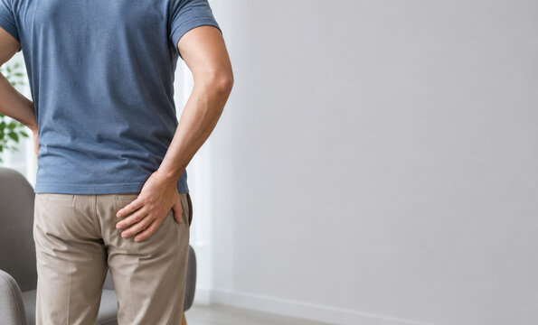 Man suffering from hemorrhoid pain touching his buttocks at home. Health problem and medical concept. Treatment and prevention of proctology disease, discomfort and inflammation