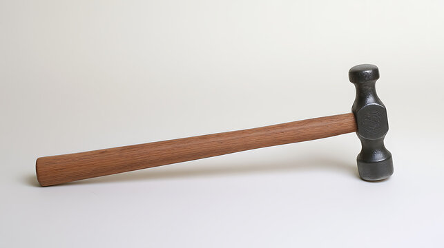 A vintage metal ball peen hammer with a wooden handle isolated on a plain light background, perfect for manual labor and carpentry