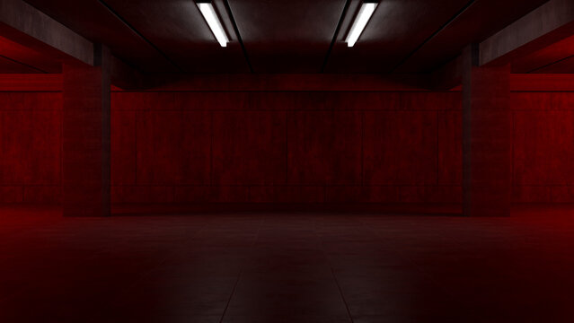 Dark empty concrete room with red lighting and ceiling lights 3d rendering