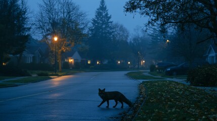 Fototapeta premium A Fox Walking Quietly Through a Serene Suburban Street at Dawn with Soft Morning Light and Calm Atmosphere
