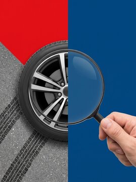 Magnifying glass inspecting car tire on asphalt road against colorful background