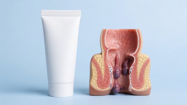 Medical anatomical model of rectum with hemorrhoids next to white ointment tube on blue background. Hemorrhoid treatment and medication concept. Proctology healthcare and pharmacy advertising.