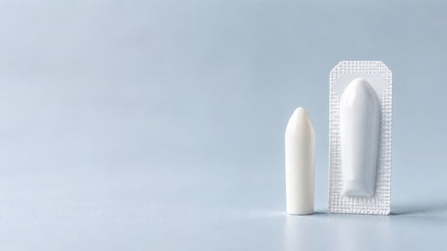 White medical suppository and blister pack on blue background. Rectal suppository for hemorrhoid treatment. Pharmacy medication and healthcare concept with copy space