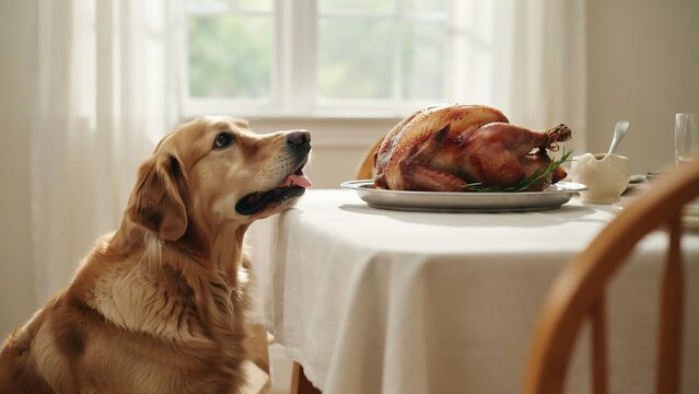 A golden retriever dog sits at a table and stares longingly at a roasted turkey on a silver serving platter