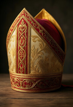 Catholic bishop mitre, religious authority and ecclesiastical tradition, ornate liturgical vestment with gold embroidery on red silk fabric on wooden table