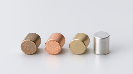 Obraz premium Four metallic cylindrical furniture knobs in bronze, copper, brass, and silver finishes arranged in a neat line on a clean white background