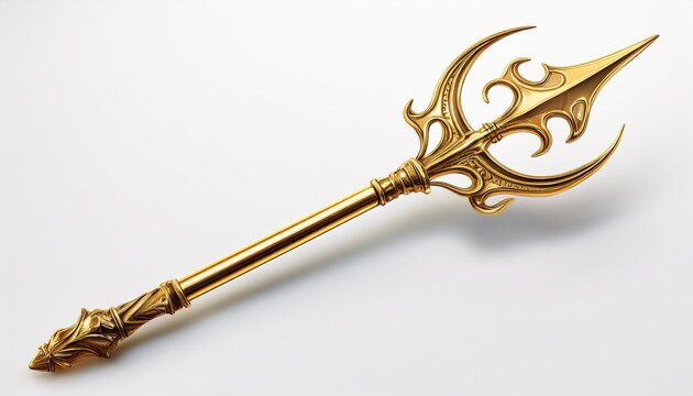 mythological gold trident with elegant handle and pointed prongs symbol of power isolated on white background