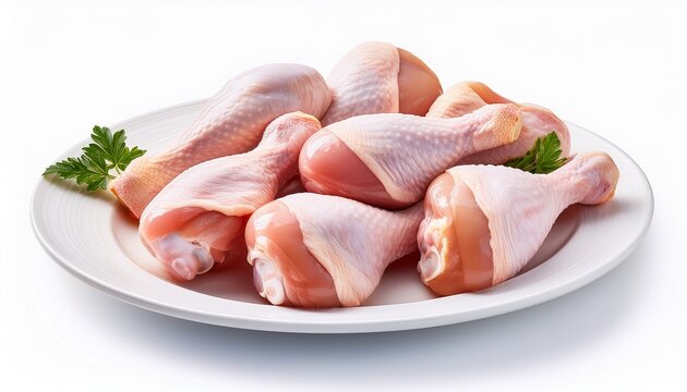 raw chicken drumsticks on white plate isolated on white background