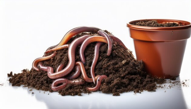 earthworms in soil cup isolated on white background