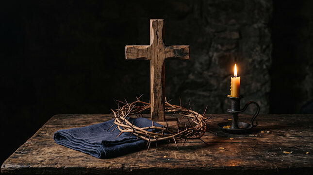 Christian good friday background with wooden cross crown of thorns burning candle and shroud on rustic wood table.