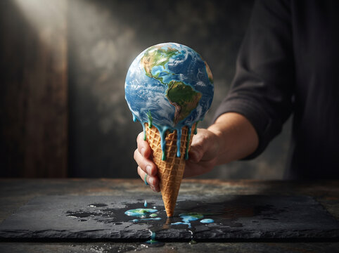 Earth Planet Ice Cream Cone Melting Concept of Global Warming and Climate Change