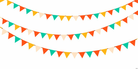 Obraz premium Colorful triangular party flags arranged in curved strands on white background
