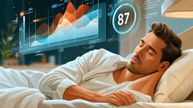 Sleep tracking concept with man asleep in bed and digital health data overlay