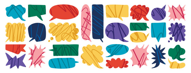 Obraz premium Abstract Speech Bubbles set of various shapes, bubble stars, rectangular, round and geometric Speech Bubbles with a texture of lines. Creative, positive, colorful elements for social media, posters