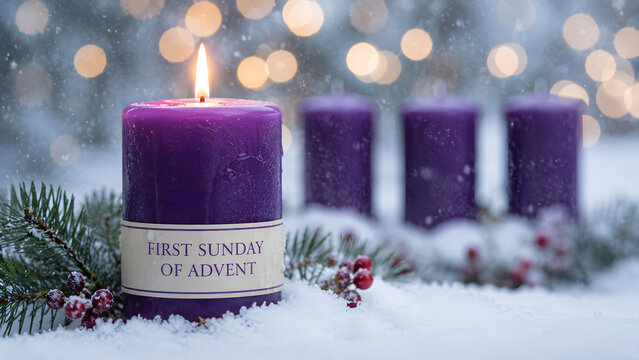 First sunday of advent purple candle with flame, evergreen branches, and red berries in snow with bokeh lights background