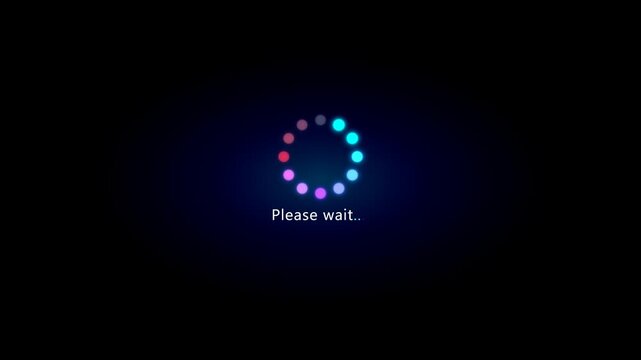 Digital Loading Spinner Animation with Please Wait Text and Pulsing Colorful Neon Dots on Dark Background