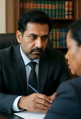 Obraz premium Legal consultation and professional advice, serious lawyer discussing contract terms with client in law office with law books in the background
