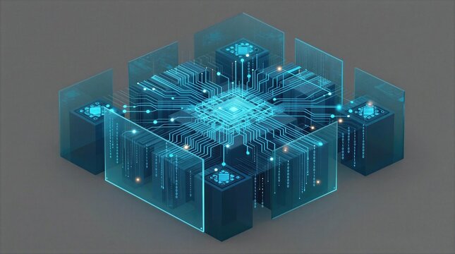 Digital circuit board design on gray background with glowing elements and matrix-like patterns