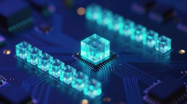 Close-up of a circuit board with glowing blue elements during a technology demonstration