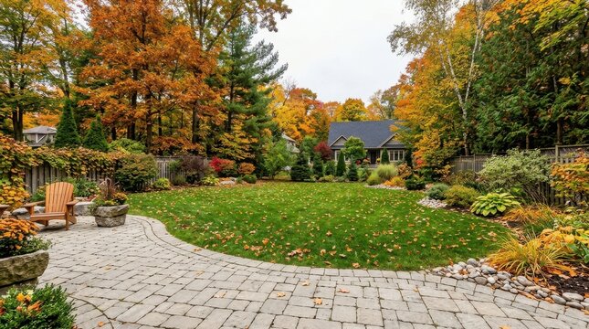 Beautiful autumn garden landscape with fallen leaves and patio.