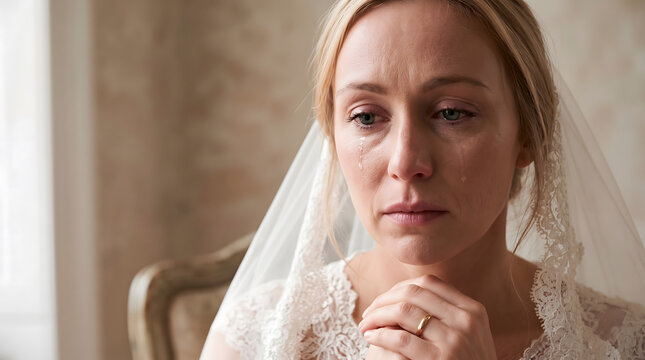 Emotional crying bride with tears and veil on wedding day.