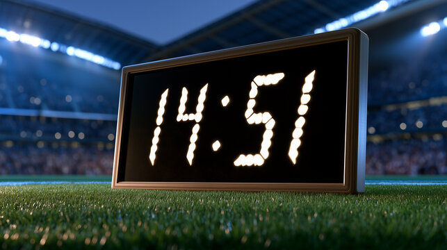 Scoreboard displaying game start time in a football stadium  