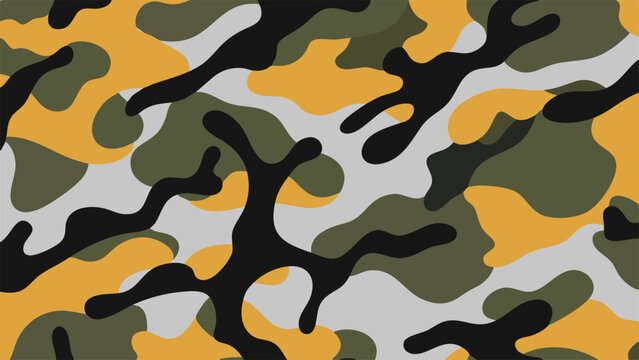Woodland Camouflage Surface Pattern with Organic Green Ochre and Gray Forms, Editable Vector