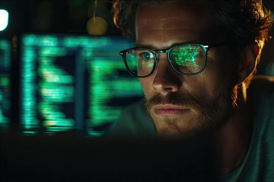 Person working on computer with multiple screens in a dark room at night