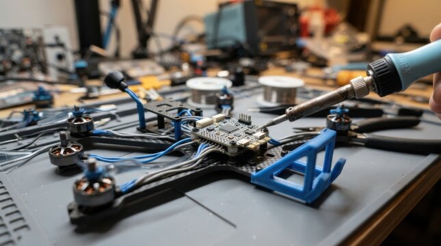 Drone assembly bench with flight controller, brushless motors, landing skids, and soldering tools under task light