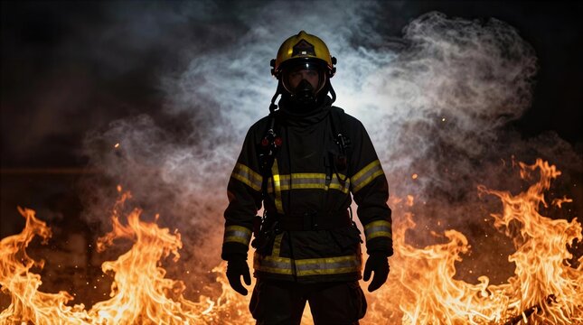 Firefighter stands in front of flames during a training exercise at night