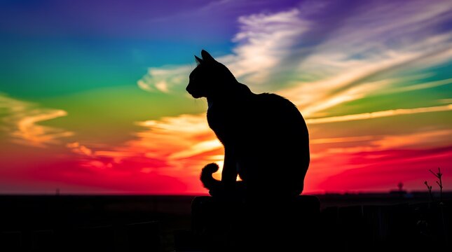 A beautiful silhouette of a cat sitting against a vibrant rainbow colored sunset sky.