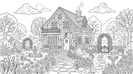 Obraz premium Coloring page for adults with a beautiful cottage and a lush flower garden