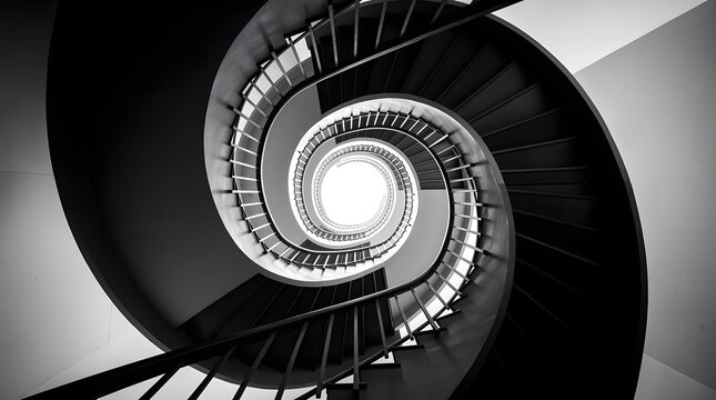 Abstract low angle view of a modern spiral staircase in black and white.