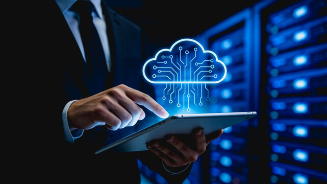 Businessman using tablet to manage cloud computing technology